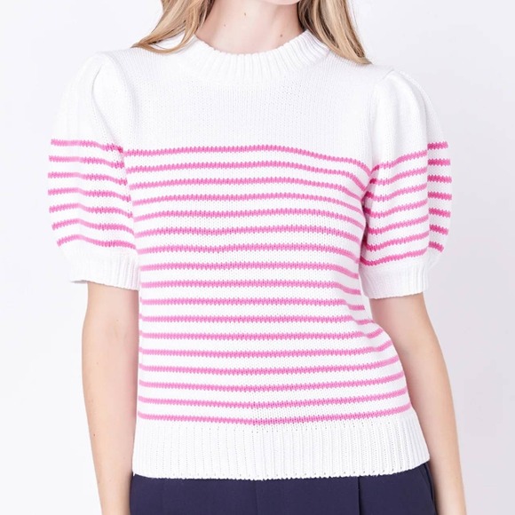 English Factory Sweaters - English Factory Striped Puff Sleeve Sweater Short Sleeve Womens M White Pink